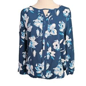 41 Hawthorn Stitch Fix Top Deep Teal Blue Floral Blouse‎ Popover Pleat Front LRG